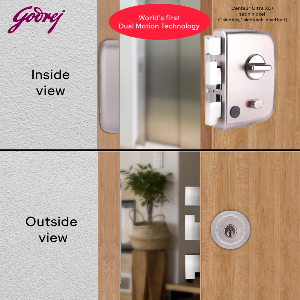 Godrej Centaur Rim Lock I World's 1st Dual Motion Lock | Ultra XL plus  Technology| 4 Keys I 1CK Dead Bolt Lock for Main & Safety Door I Antique Copper Finish (Satin Nickel)